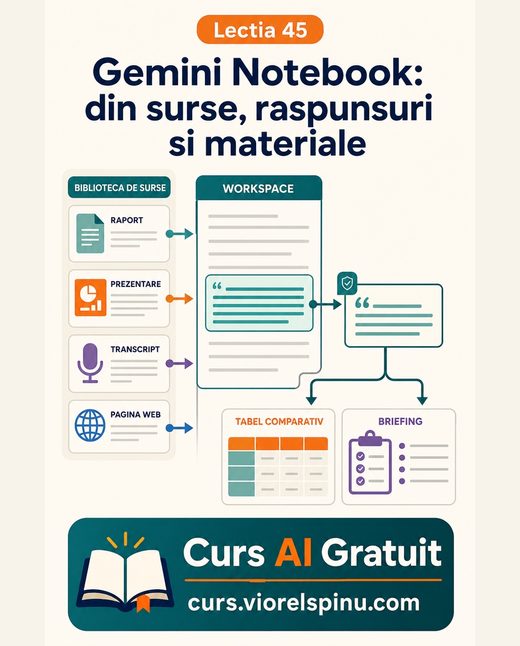 Coperta lecției 45: Gemini Notebook (fost NotebookLM): din surse, răspunsuri și materiale